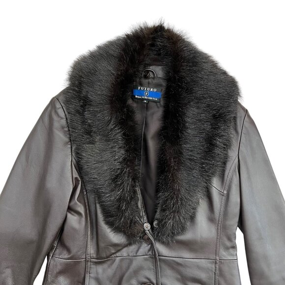 VIntage Mid Length Leather‎ Penny Lane Jacket Brown M Removable Faux Fur Collar - Picture 4 of 16